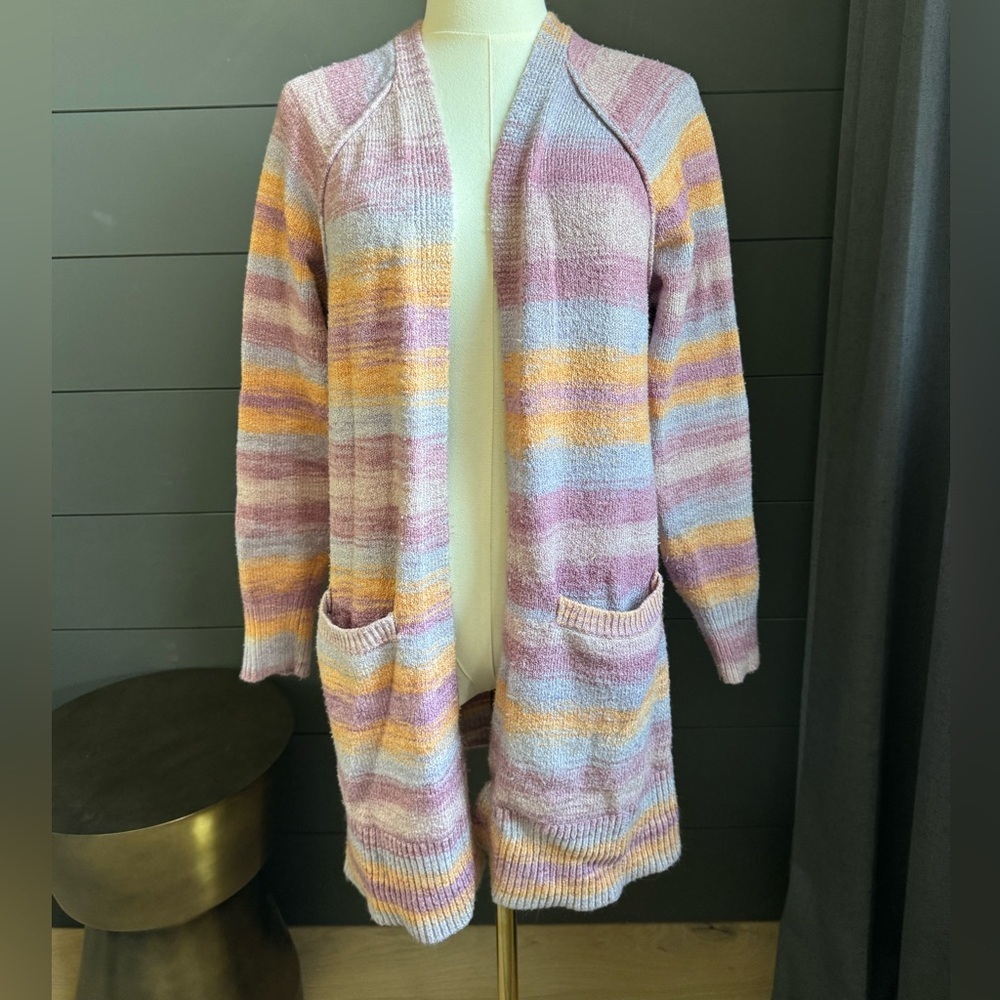 Lucky Brand Pastel Striped Open-Front Cardigan Layering Pockets Cottagecore Fall